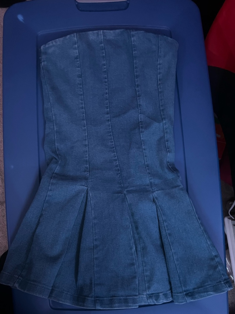 Strapless Denim Peplum Top - Teal Blue